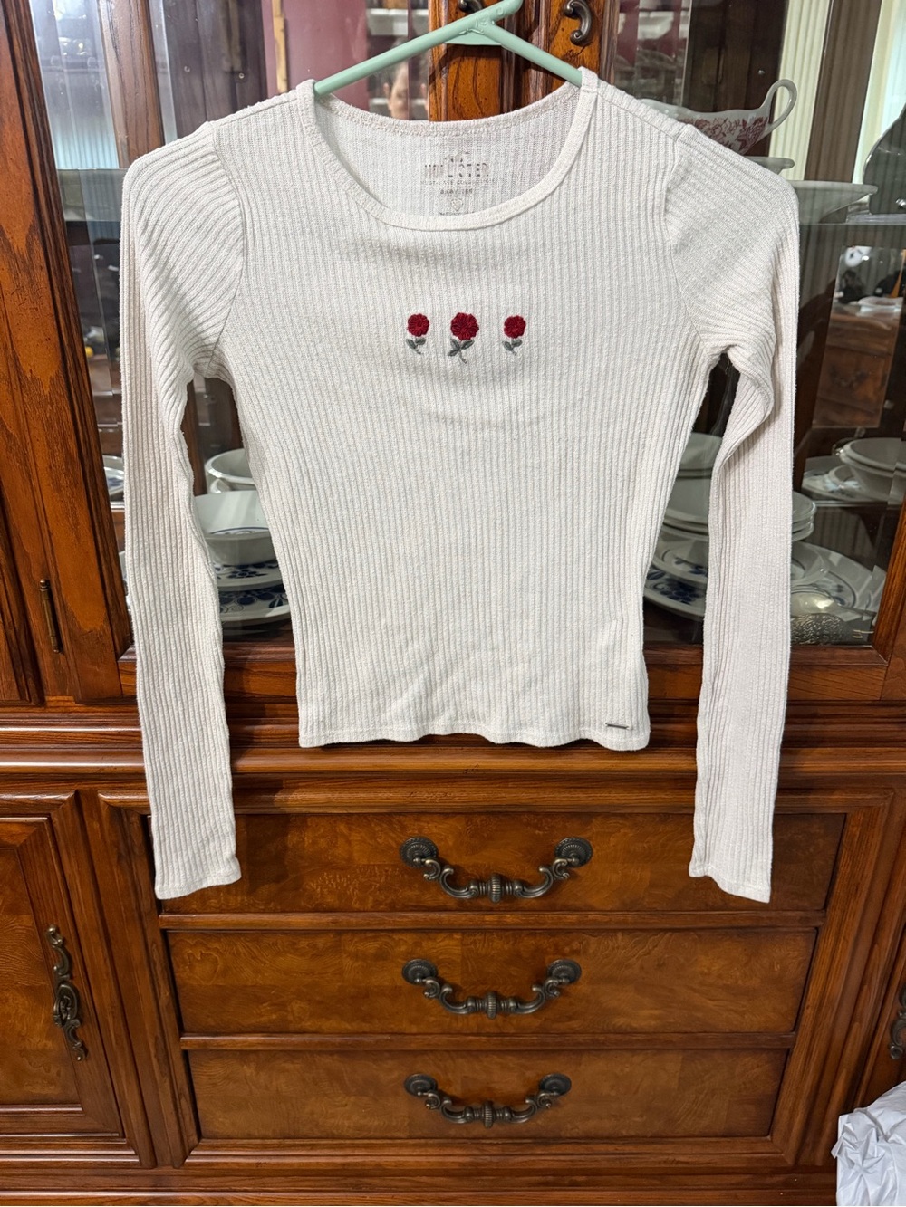 Hollister Cream Ribbed Long-Sleeve Top with Red Rose Embroidery